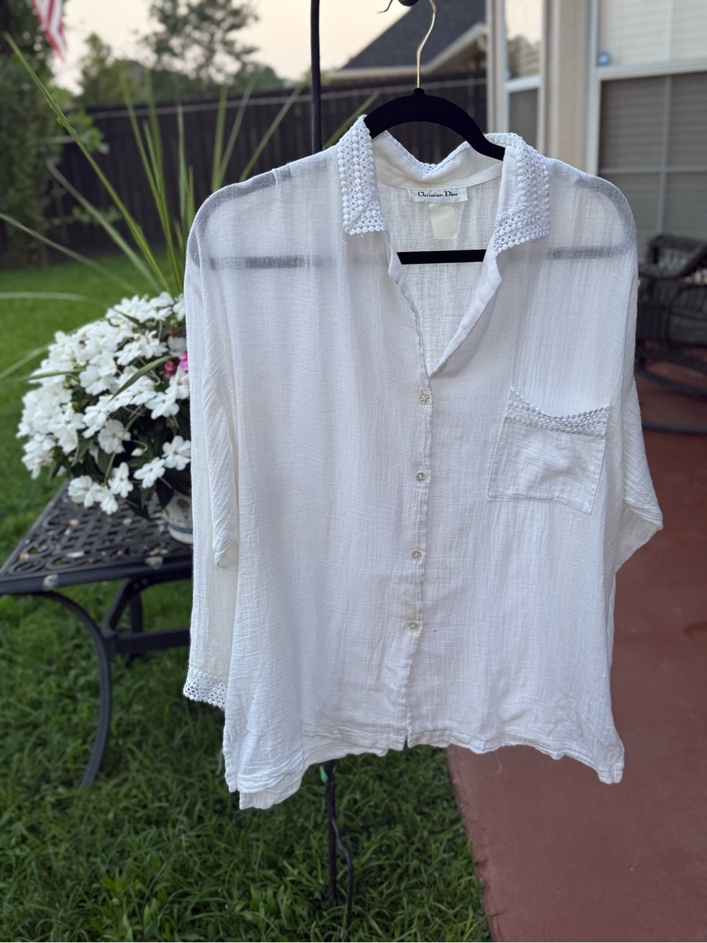 Christian Dior White Sheer Lace Trim Button Front Blouse Top Oversized Boho Chic
